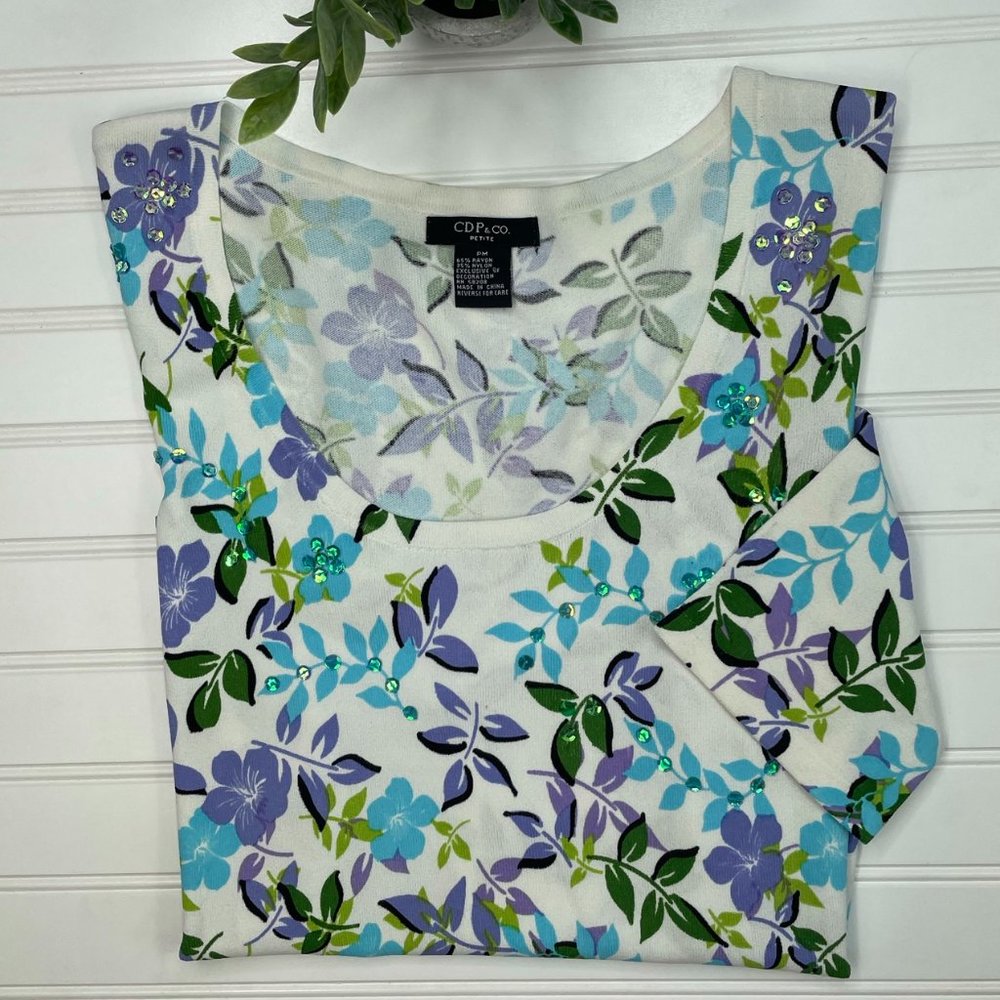 CDP & Co. Floral Sweater w/ Sequin Accents